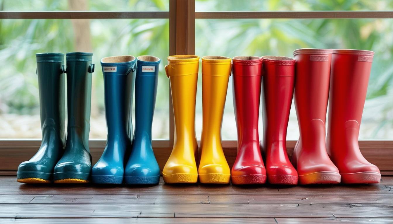 Please create an image showing 5 pairs of rain boots which are placed on wooden floor